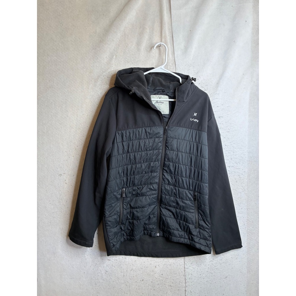 Hurley Mens Hybrid Hooded Jacket Black Quilted Softshell Fleece Lined Large 9076